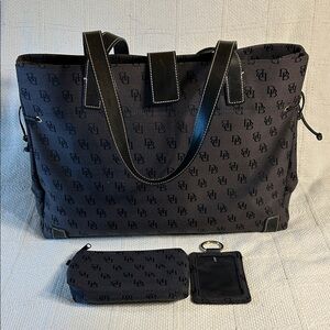Dooney and Bourke Black and Gray Canvas Tote with Matching Key Ring and Pouch